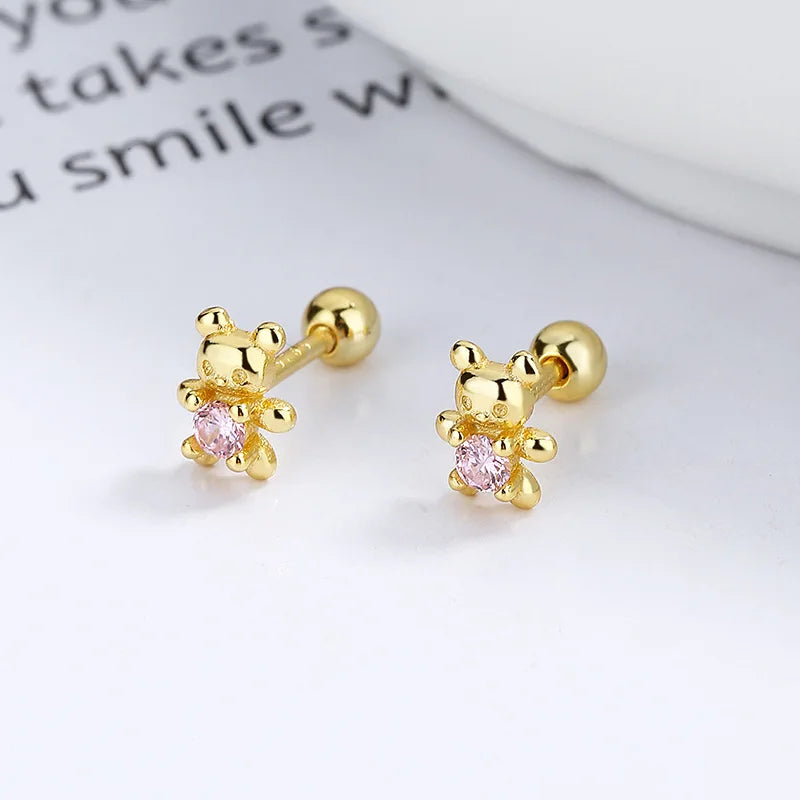 Pendientes de tuerca de plata de ley 925 con adorable oso, tapones de rosca para oreja, elegantes joyas para la oreja, regalo exquisito