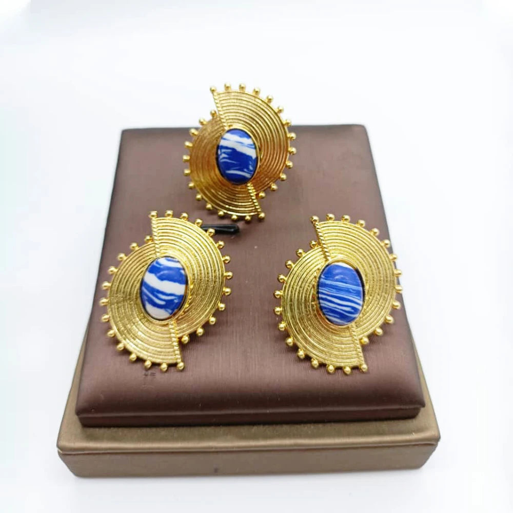 Afrikanisches Schmuckset für Damen Spiralform Neue Mode Lila Stein Ohrringe Fingerring Dubai Indischer Luxus Goldschmuck