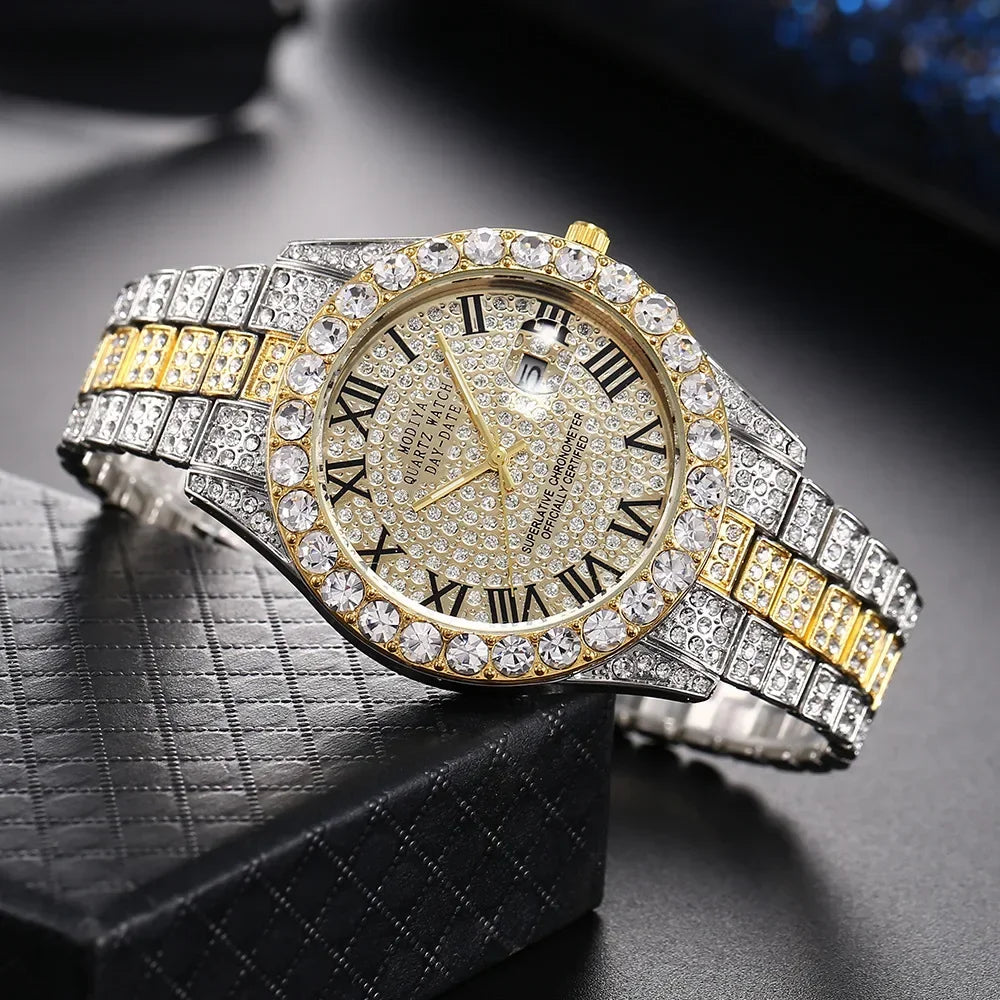 Reloj de diamante brillante Hot Sale para hombre, color oro, de lujo, de cuarzo, reloj masculino, dropshipping, calendario de diamantes de imitación, reloj de pulsera