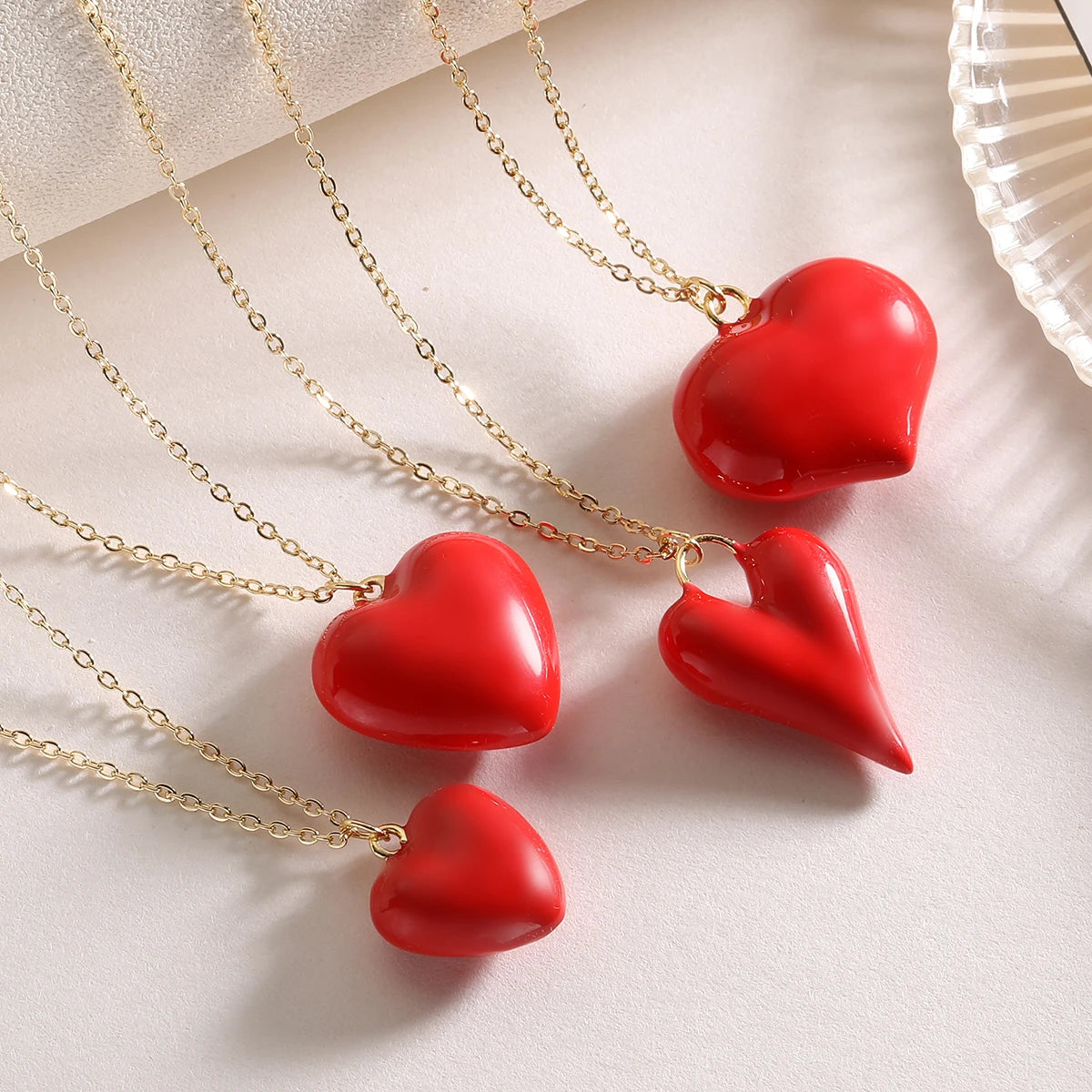 NEWBUY 2025 New Arrival Red Oil Dripping 4 Style Heart Pendant Necklaces For Women Daily Accessories