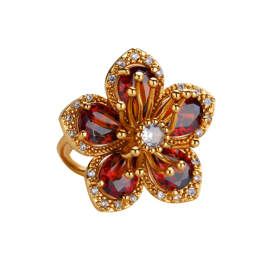 Luxuriöse bunte Zirkonia-Blumenringe für Damen, goldfarbener Edelstahl-Öffnungsring, modischer Hochzeitsparty-Ästhetik-Schmuck