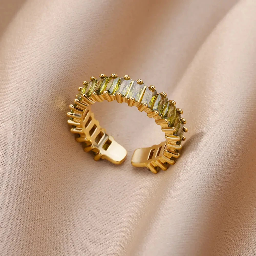 Bunter Zirkonia-Ring für Damen, Edelstahl, goldfarben, offener Ring, Vintage-Boho-Hochzeitsfeier-Schmuck, Geschenk-Accessoires