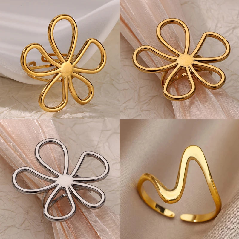 Edelstahl Hohlblume Offene Ringe für Frauen Trendige Ästhetische Hochzeit Paar Ring Femme Schmuck Accessoires Geschenk Anillos