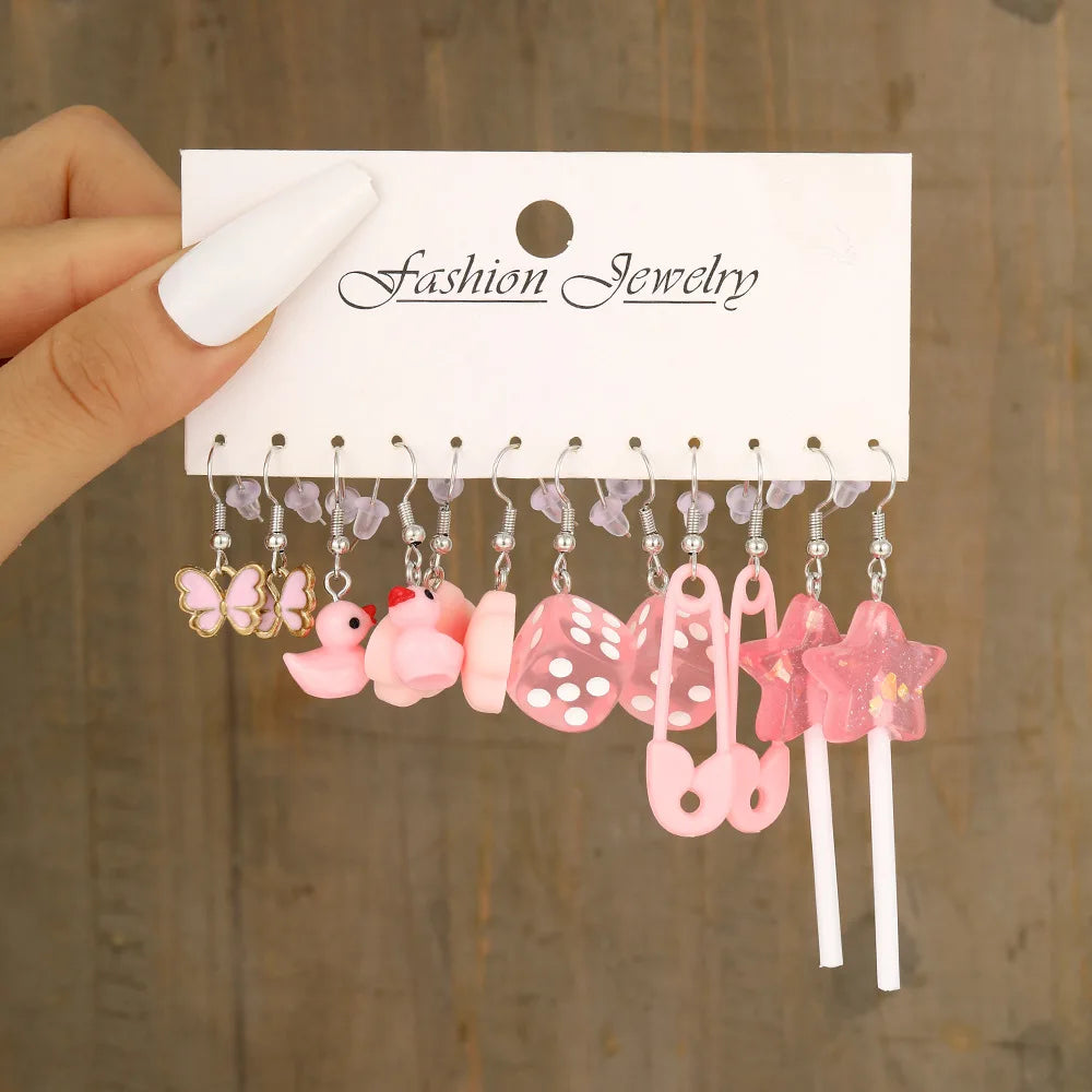 Neues Mode-Set mit niedlichen Cartoon-Ohrringen in Pink, farbenfrohe Dopamin-Acryl-Ohrringe für Damen und Mädchen, neues trendiges Schmuck-Accessoire-Geschenk