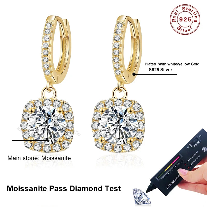 Pendientes colgantes de moissanita de 1 quilate NeeTim de plata de ley S925 chapados en oro, joyería de boda con certificado, pendientes de aro colgantes