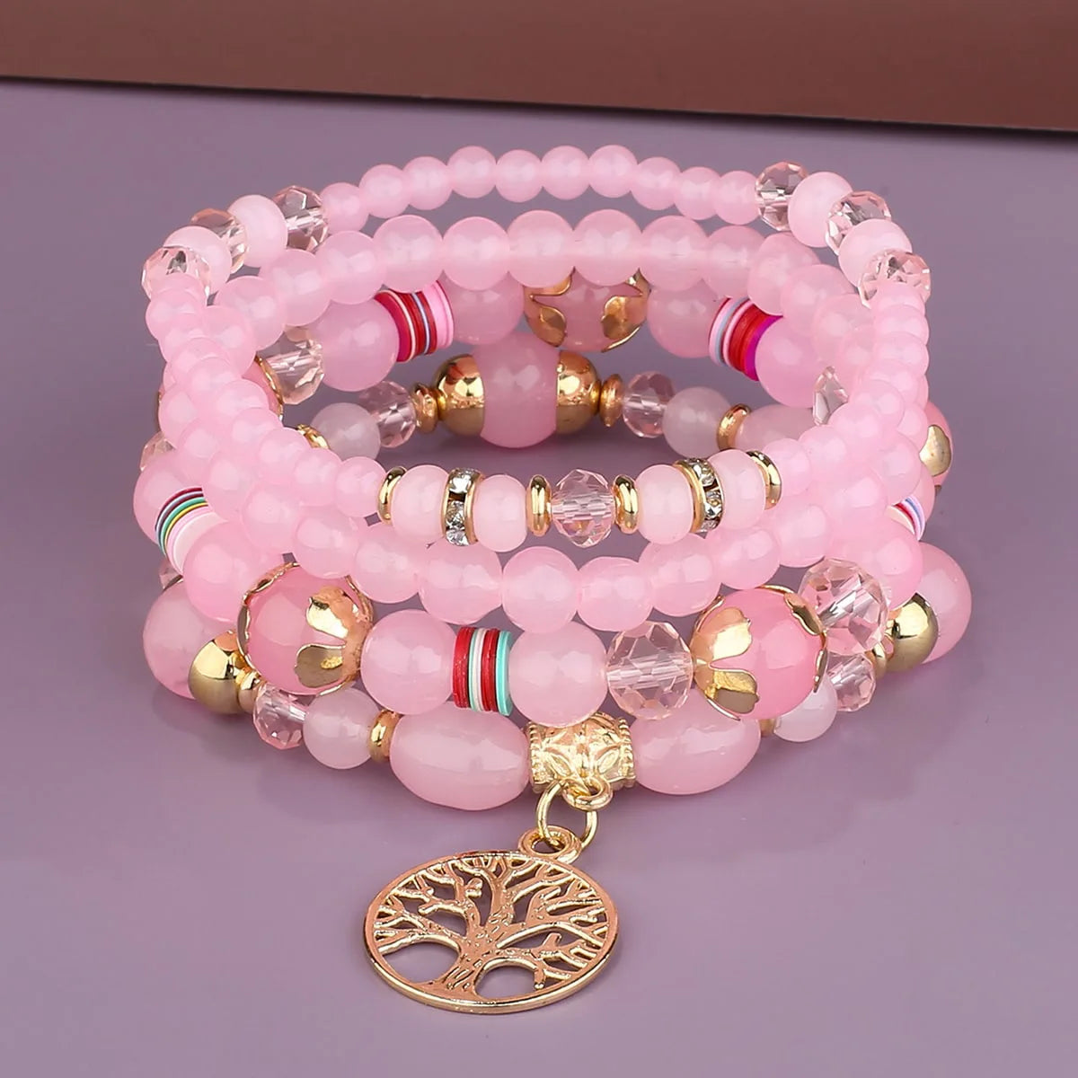 4er-Set Baum des Lebens Charm Armband für Damen, handgemacht, Acrylperlen, Kettenarmreif, weiblicher Boho Schmuck Accessoires