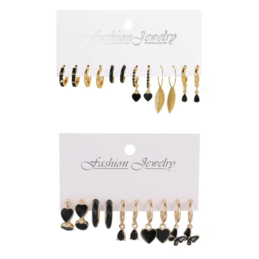 Einfaches 11-teiliges Set schwarze Herz-Blatt-Schmetterlings-Ohrringe für Damen, Mode, Temperament, Creolen, Urlaub, Hochzeit, Schmuckgeschenk