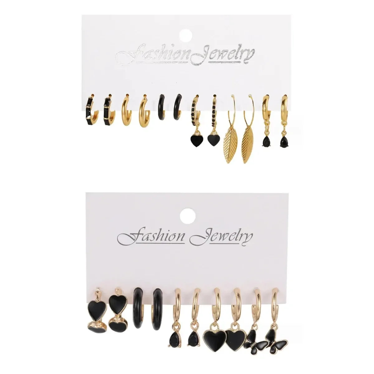 Einfaches 11-teiliges Set schwarze Herz-Blatt-Schmetterlings-Ohrringe für Damen, Mode, Temperament, Creolen, Urlaub, Hochzeit, Schmuckgeschenk