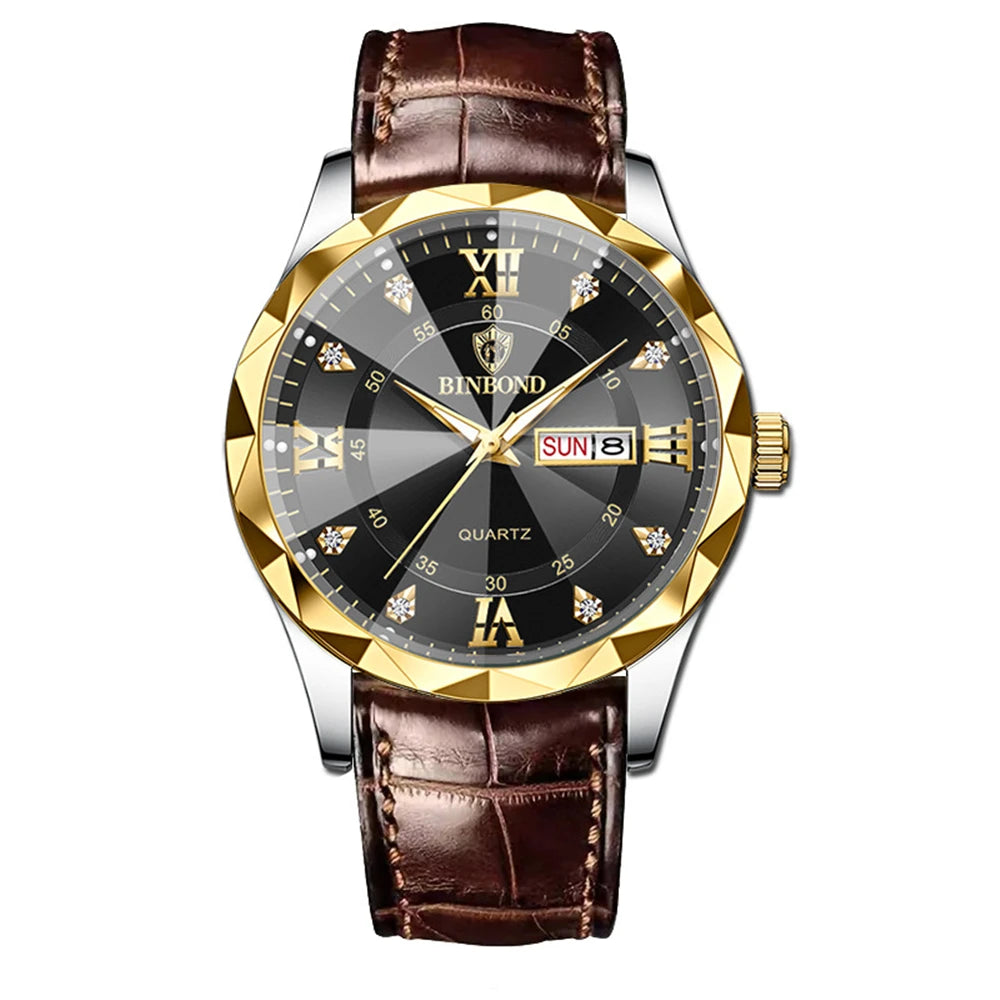 Nuevo Oro Negocios Cuero Casual Diamante Reloj Hombres Lujo Relojes Automáticos Relojes de Pulsera de Moda para Hombres Cuarzo Orologi Uomo