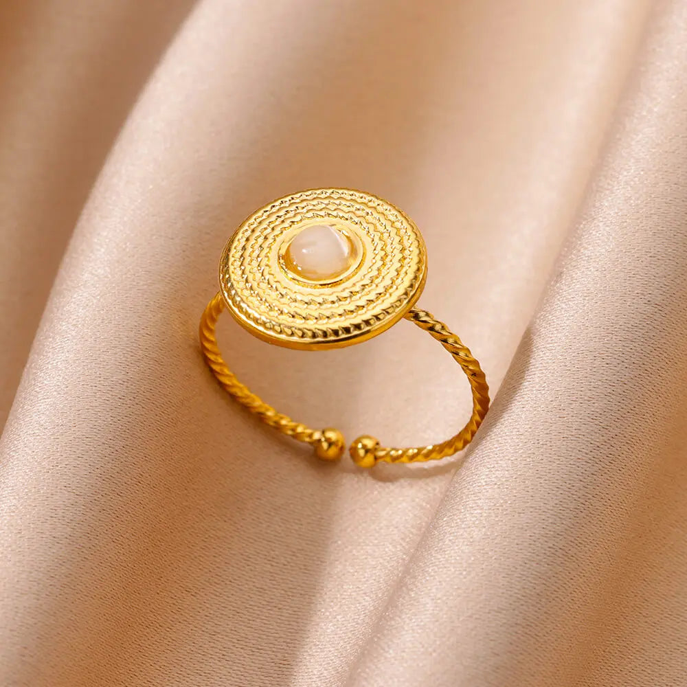 Goldfarbener Edelstahl Muschelringe für Frauen Vintage Oval Blauer Stein Verstellbarer Ring Mode Party Schmuck Jubiläumsgeschenk