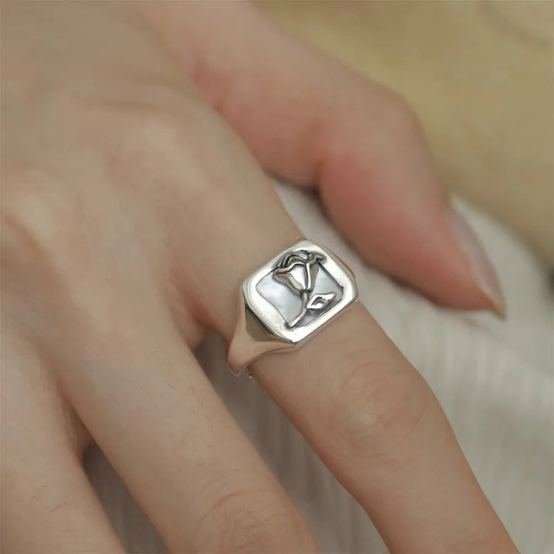 Anillo de plata de ley 925 chapado para mujer, regalo para niña, piedra negra, cristal esmaltado, retro, punk, abierto, joyería al por mayor