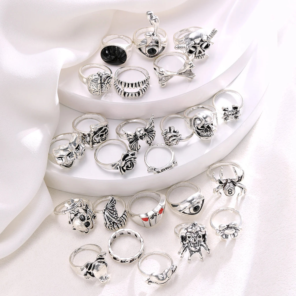 24-teiliges Gothic-Skelett-Unisex-Ring-Set Punk Grunge Schmetterling Frosch Damen Herren Schmuck Hip Hop Party Street Ring Accessoires Geschenk