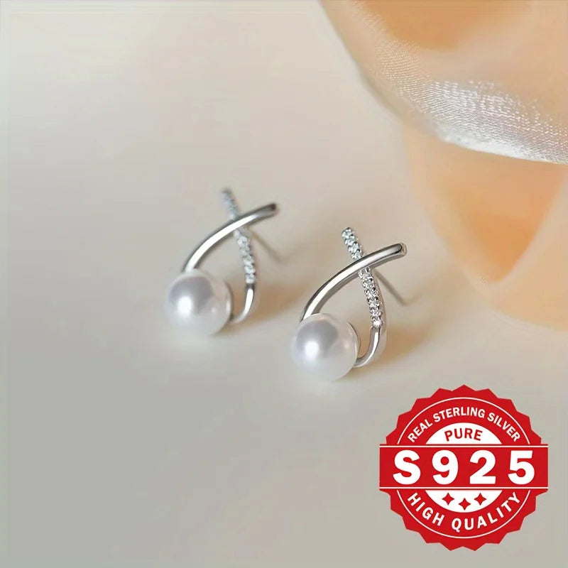 S925 Silber, Damen Kreuz-Schwanz Muschel-Perlenohrringe, mit synthetischem Zirkon besetzt, elegant und alltagstauglich