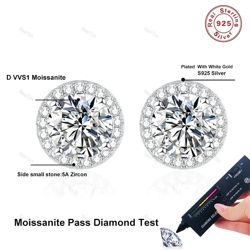 NeeTim 0.5-2CT Moissanit-Ohrstecker für Damen, funkelnder Labordiamant, Sterlingsilber S925, Hochzeitsparty-Schmuck, zertifiziert