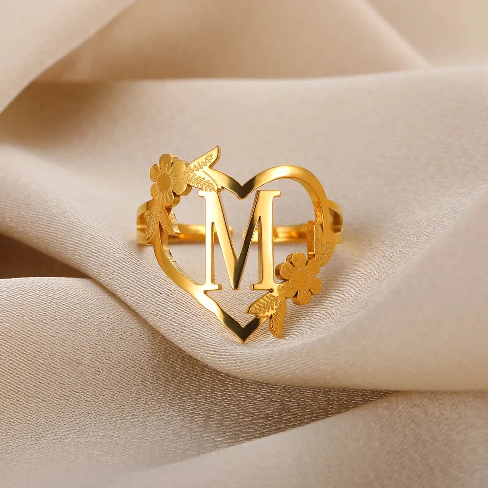 Edelstahl Initialen Buchstaben Herzringe für Frauen Mädchen Goldfarben Blumen Alphabet Ring Mode Valentinstags Schmuck Geschenk