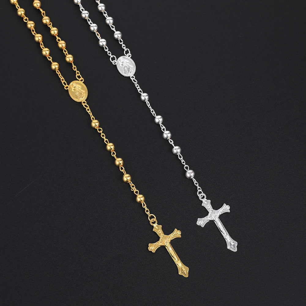 Gold Color Rosary Necklace For Women Men Long 6MM Beads Chain Crucifix Cross Pendant Religious Prayer Party Jewelry Gift