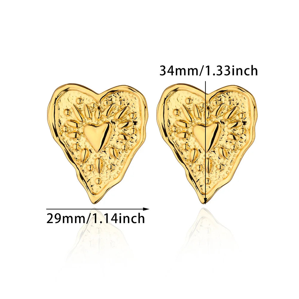 Edelstahl unregelmäßige Herztextur Ohrstecker für Damen Goldfarbenes Herz Hochzeit Ästhetischer Ohrring Schmuck Accessoires