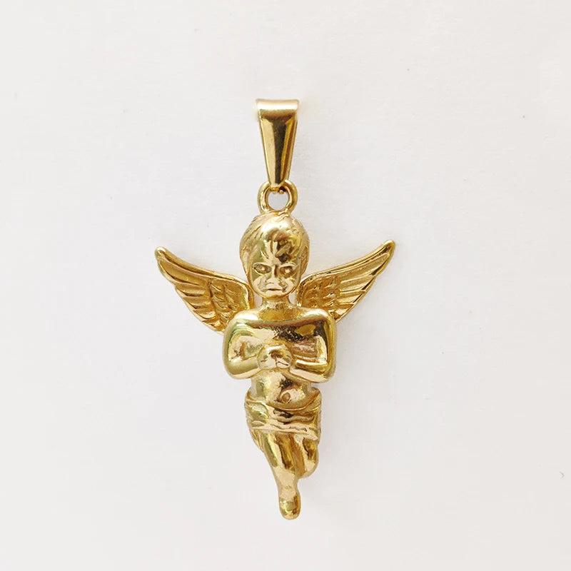 Collar con dije de ángel de Cupido religioso de acero inoxidable, bañado en oro de 18 quilates, con dije de ángel sólido en 3D, para hombre