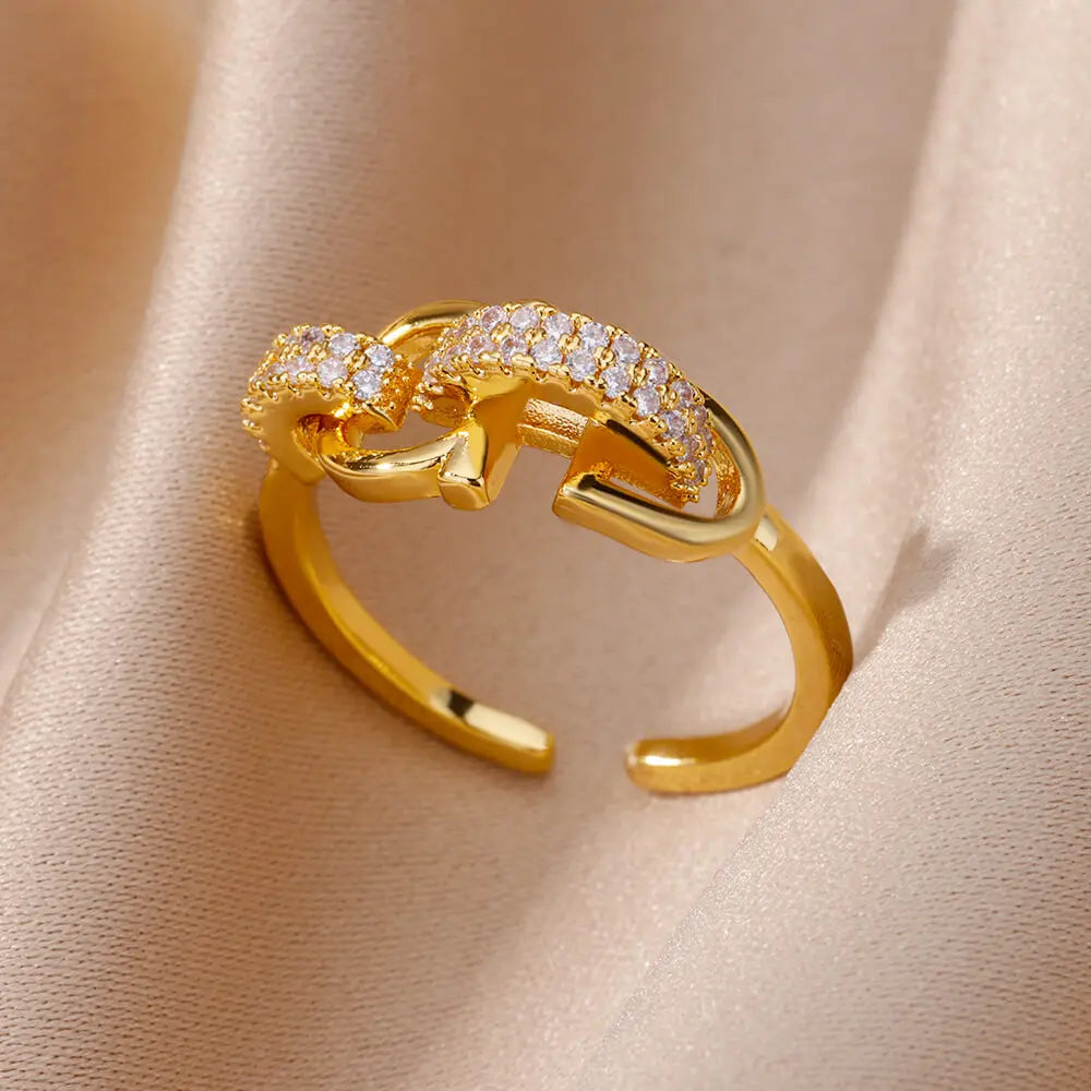 Anillos de acero inoxidable de color dorado a la moda para mujer, cadena hueca de cristal de circón, joyería para dedo, regalo 2023, anillos mujer