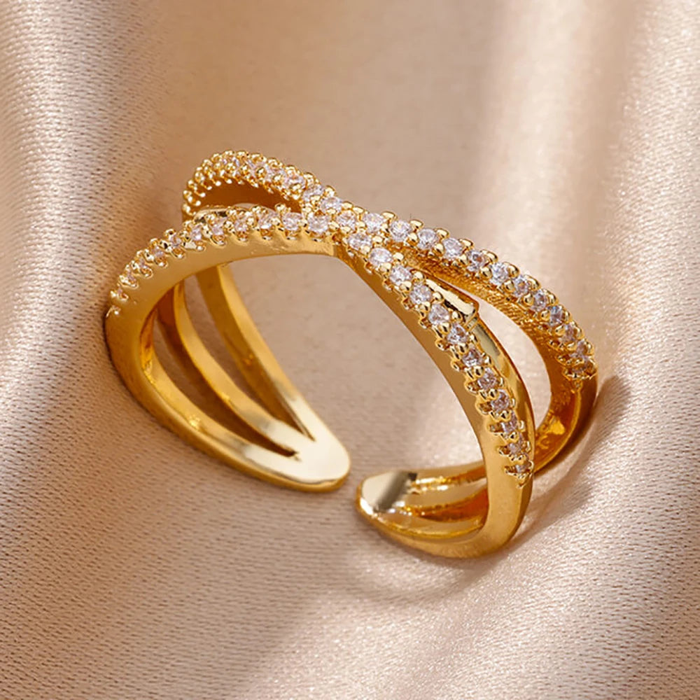 Zirkon-Ketten-Kreuzringe für Damen Vintage Goldfarbe Edelstahl Geometrischer offener Ring Mode Hochzeit Ästhetischer Schmuck Geschenk