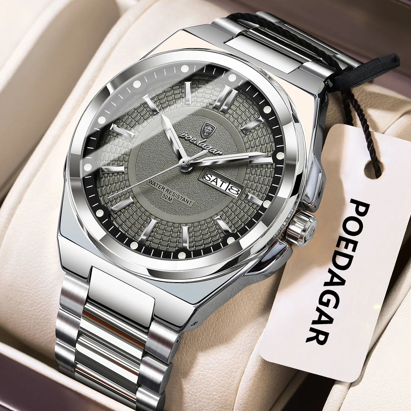 POEDAGAR Top Original Relojes de Hombre Acero Inoxidable Impermeable Luminoso Reloj de Hombre Fecha Semana Clásico de Moda Reloj de Pulsera de Cuarzo para Hombre