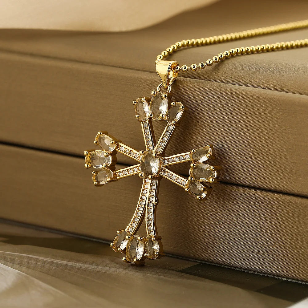 NEWBUY Classic Design Cross Pendant Gold Color 316L Stainless Steel Chain Necklace For Women Luxury Pearl Jewelry