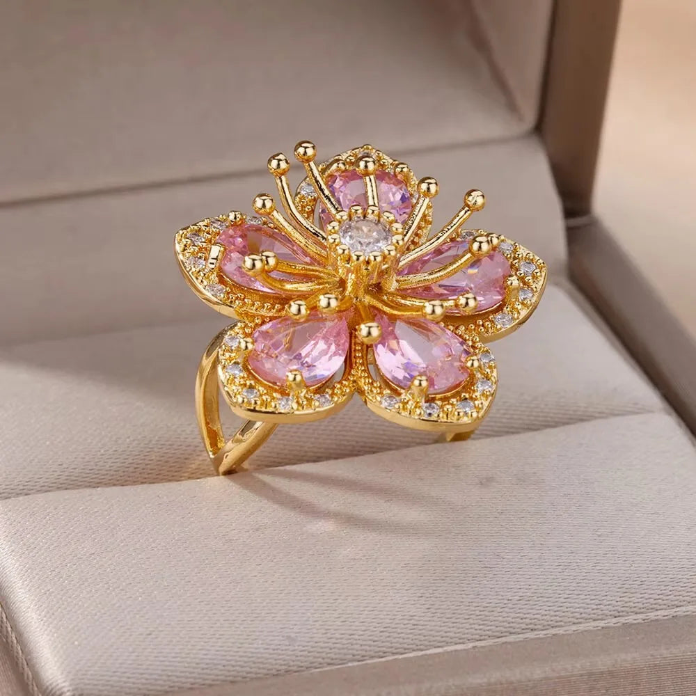 Bunte Zirkon-Doppelblumenringe für Damen, vergoldeter Edelstahl, Blumenöffnungsring, Hochzeit, ästhetischer Schmuck, Geschenk 2023