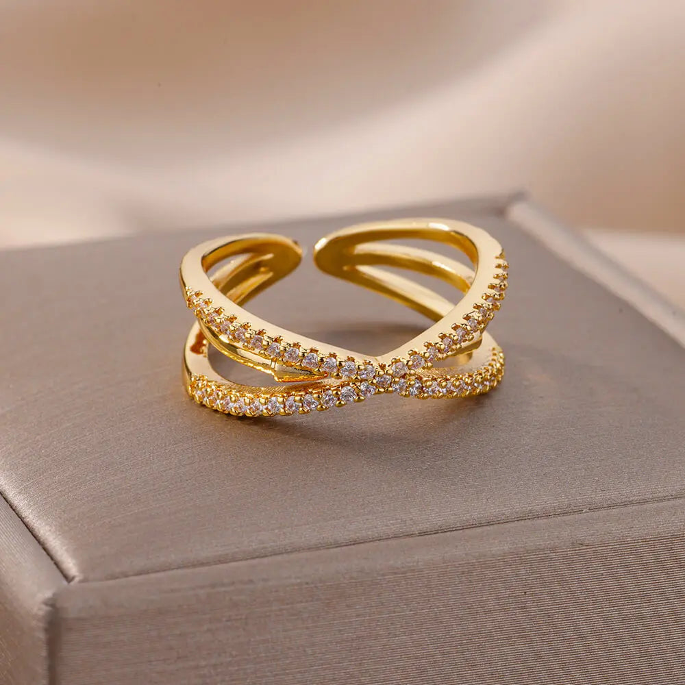 Zirkon Kreuzringe für Damen Vergoldeter Offener Edelstahl Kreuzring Hochzeit Party Ästhetischer Schmuck Geschenk Kostenloser Versand