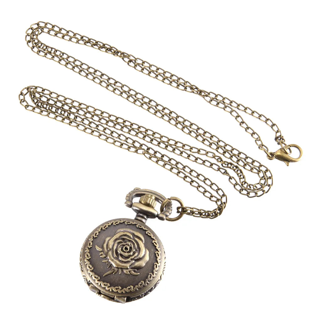 Vintage Pocket Small Watch Steampunk Quartz Watch With Chain Hollow Heart Cover Necklace Bronze Color Alloy Fob Clock Men Gift