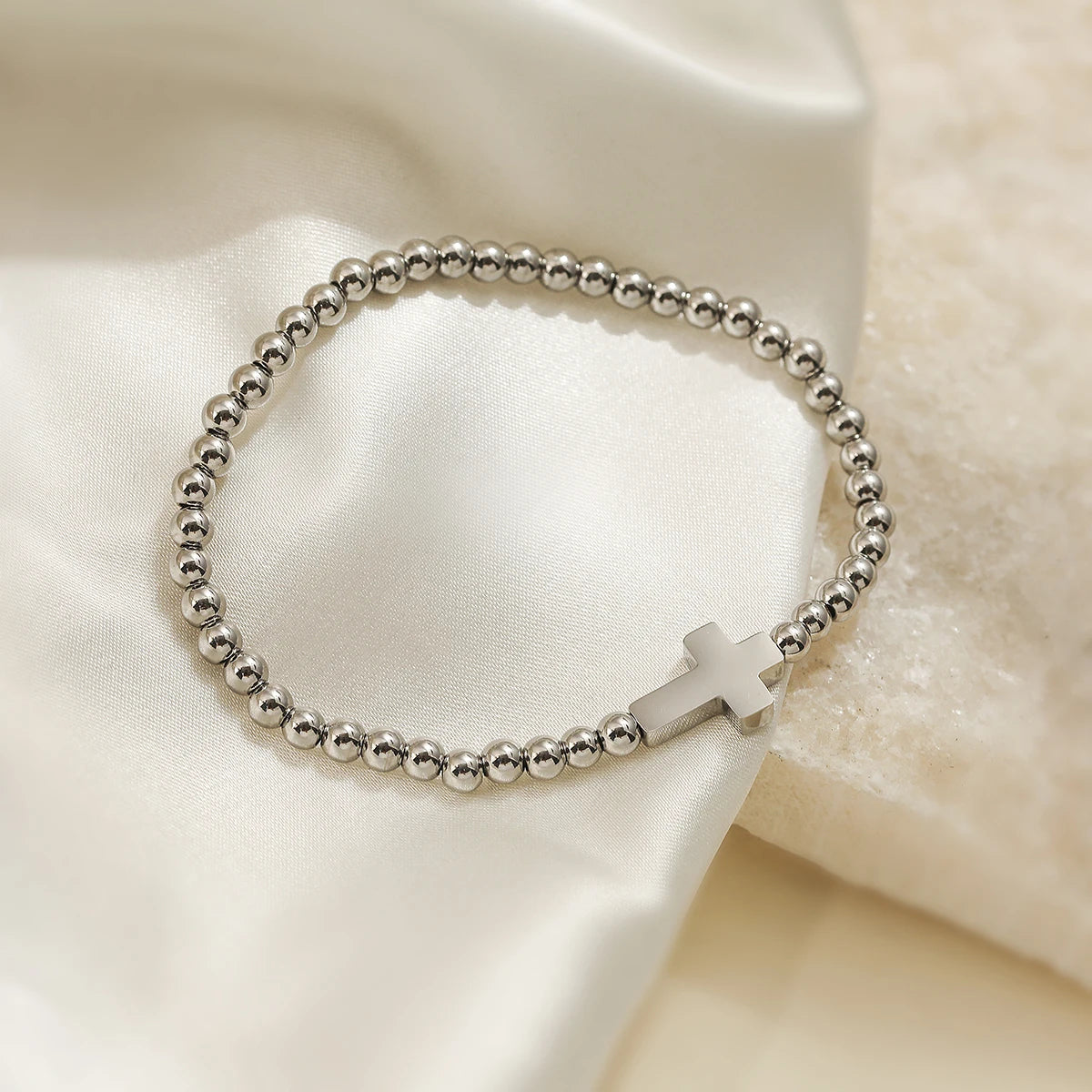 NEWBUY Hochwertiger, nicht verblassender Edelstahlschmuck Silber/Gold Farbe Perlen Kreuz Charm Armbänder für Frauen und Männer