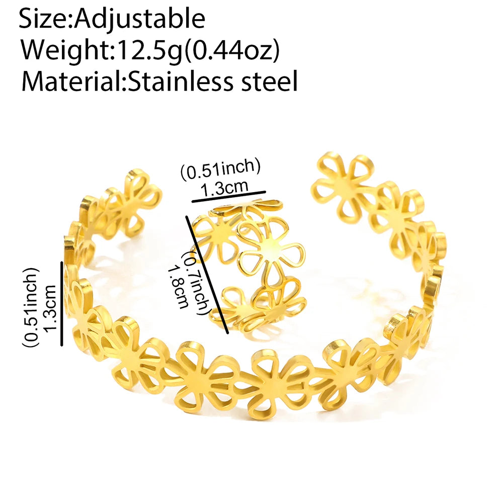 Edelstahl Armreifen Set Hohl Blumen Ungewöhnlich Retro Armreif Ring Für Frauen Schmuck Nicht verblassend Hochwertiges Geschenk Neu