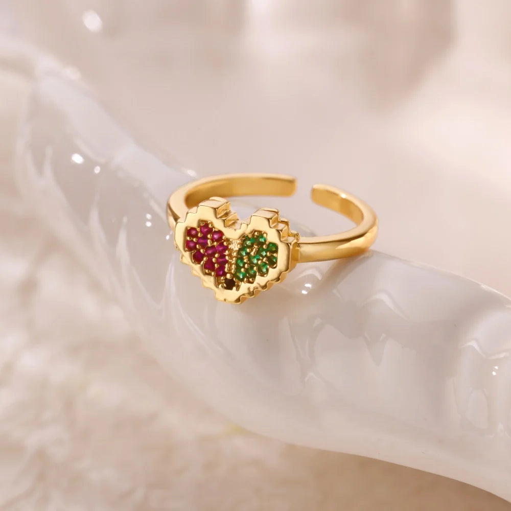 Zirkonia Herzring für Damen Goldfarben Edelstahl Herz Verstellbarer Ring Hochzeitstag Wasserdichter Schmuck Geschenk