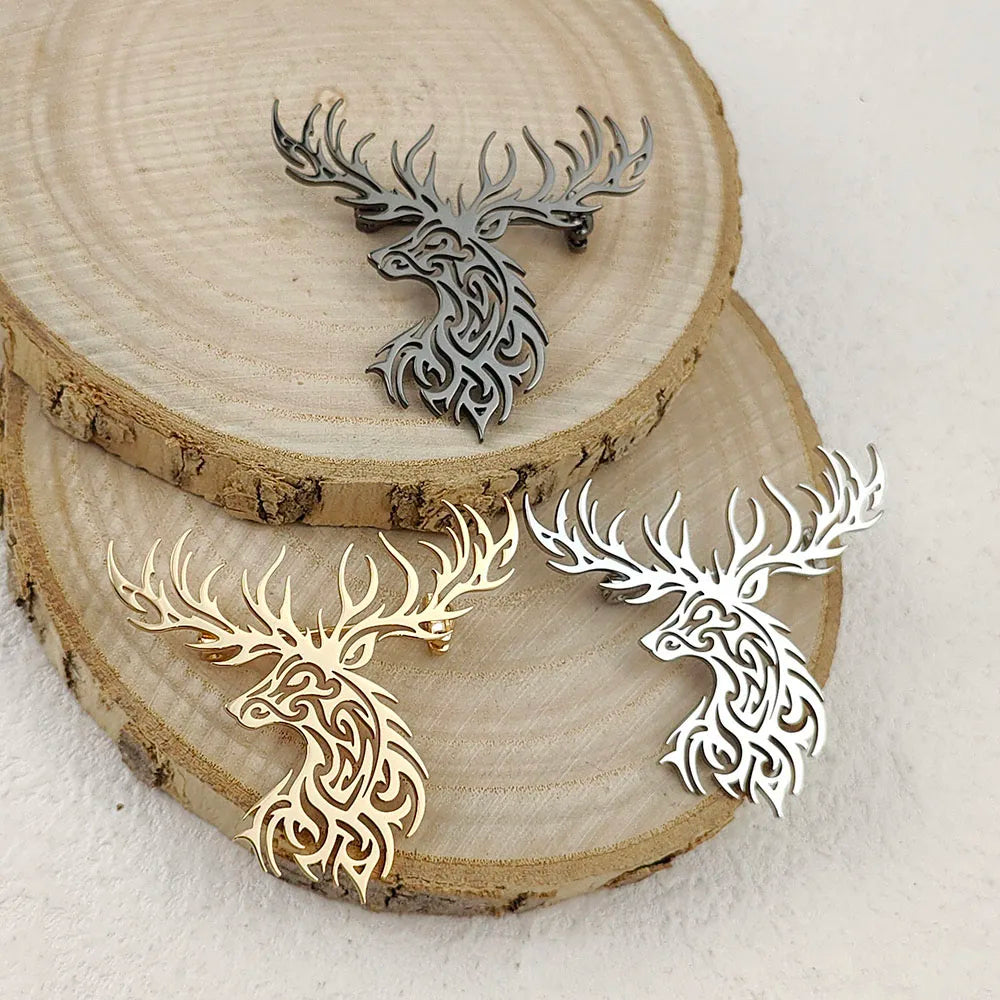 Creative punk style hollow sika deer stainless steel gold-plated 18K brooch, black suit accessories, wedding matching set