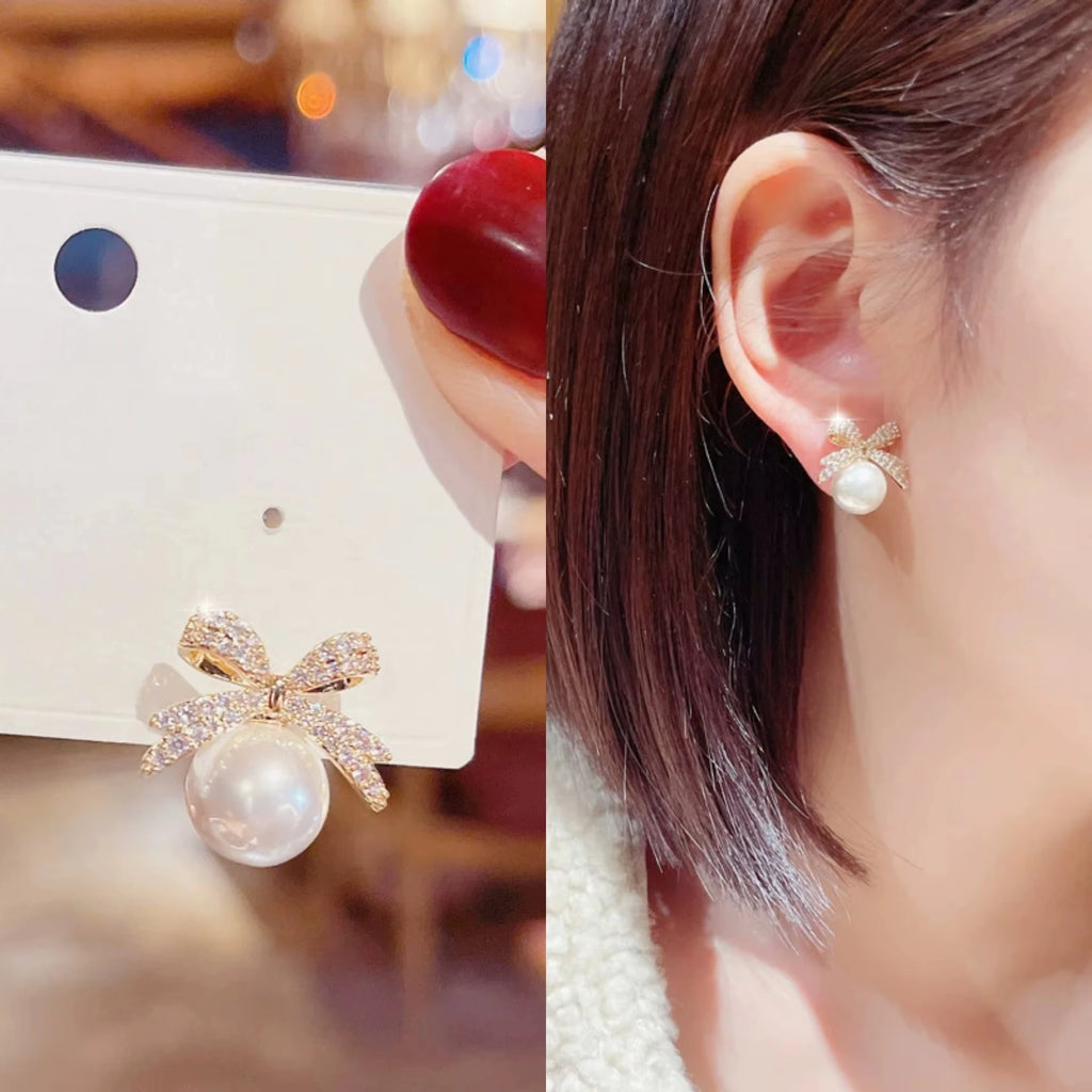 1 Paar Micro-Set Zirkon Schleife Perle Anhänger Ohrringe 2025 Neues Design Schmuck für Damen und Mädchen Mode Ohr Accessoires
