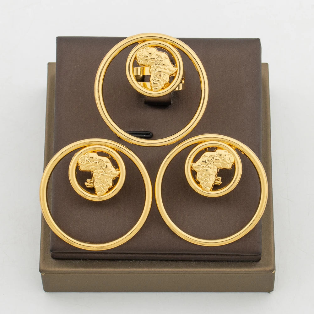 Afrikanische goldfarbene Ohrringe Ring Schmuckset für Frauen Kupferlegierung Clip-Ohrringe und Fingerring 2er-Set Hochzeiten Alltagskleidung