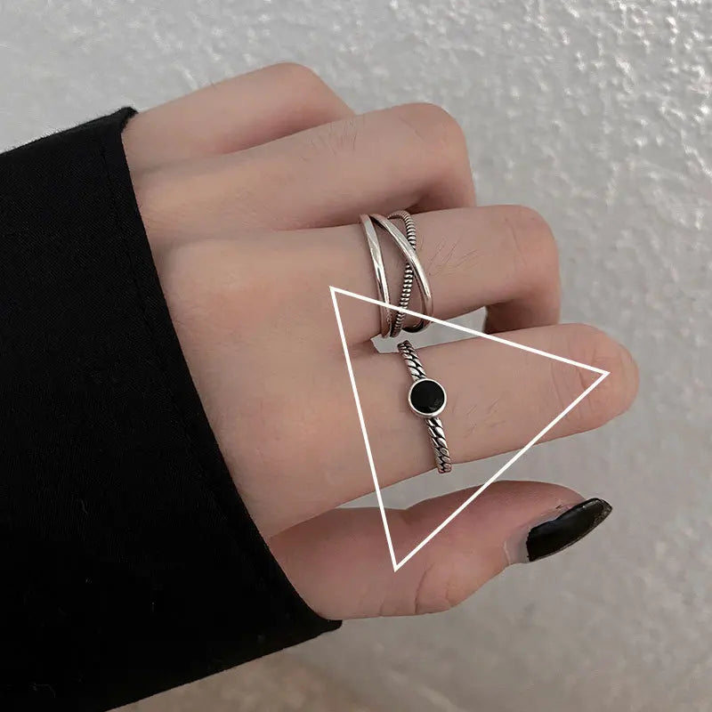 Anillo de plata de ley 925 chapado para mujer, regalo para niña, piedra negra, cristal esmaltado, retro, punk, abierto, joyería al por mayor