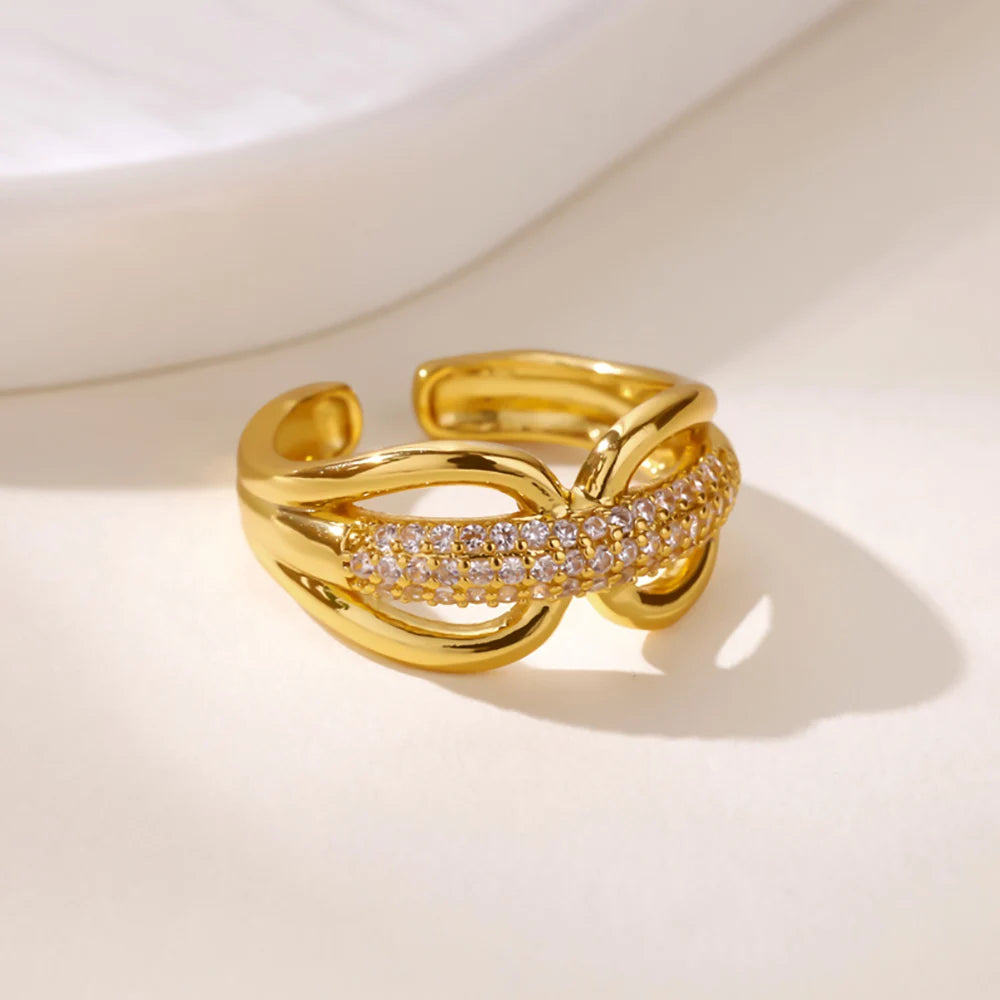 Zirkon-Ketten-Kreuzringe für Damen Vintage Goldfarbe Edelstahl Geometrischer offener Ring Mode Hochzeit Ästhetischer Schmuck Geschenk