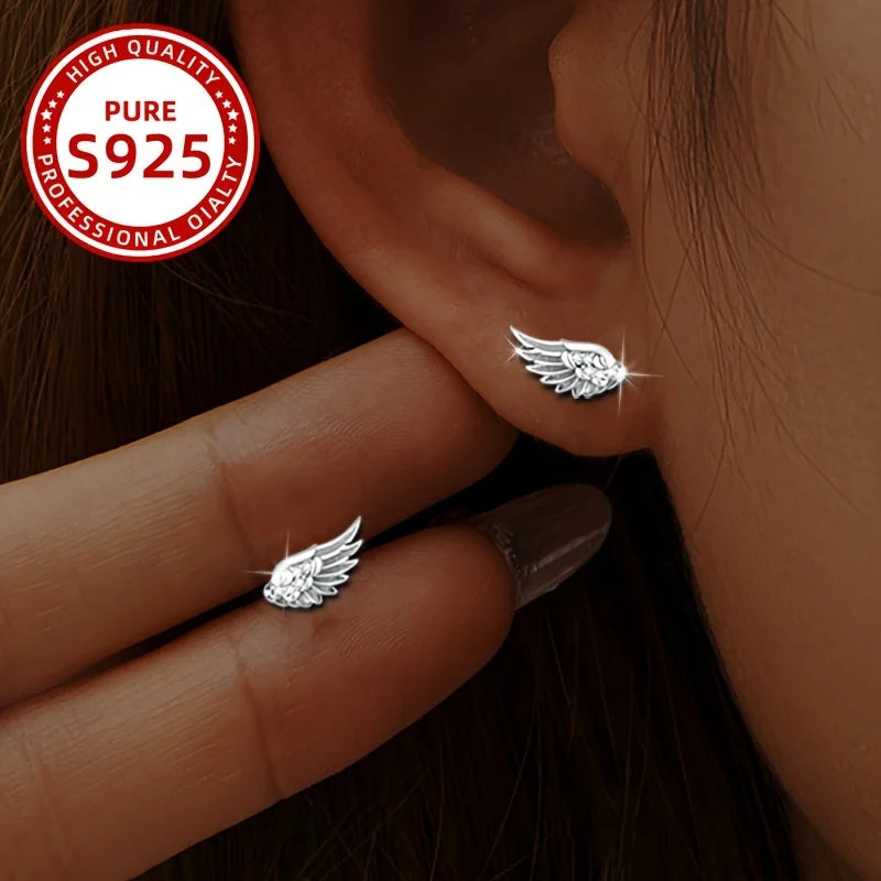 Pendientes elegantes para mujer con alas de pluma de ángel, 1,12g, plata 925, adecuados para uso diario, fiestas, vacaciones, regalos