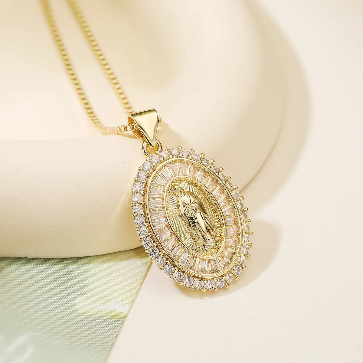 NEWBUY 2025 New Arrival Classic Design Gold Color Virgin Mary Pendant Necklace For Women Shiny CZ Zircon Copper Jewelry