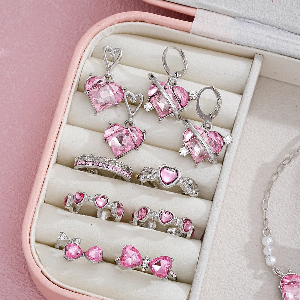 14-teiliges rosa Kristall-Herz-Anhänger-Halsketten-Ohrringe-Ring-Armband-Sets für Frauen Mädchen Mode Schmuck-Set Hochzeitsschmuck-Geschenk