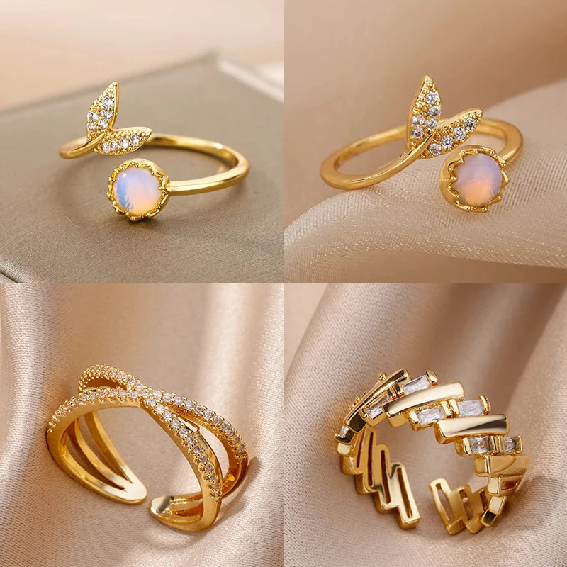Anillos de ópalo con hojas de moda para mujer de acero inoxidable con ópalo, piedra de cristal y hojas, anillo de dedo, regalo de joyería bohemia para compromiso