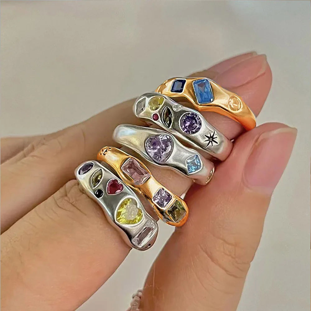 Zirkon Quadrat Fingerringe für Frauen Goldfarbe Unregelmäßiger Edelstahlring Verlobung Hochzeit Ästhetischer Schmuck Mädchen Geschenk