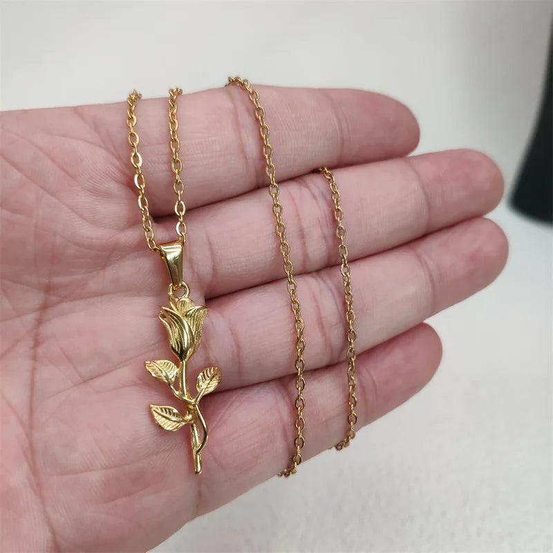 Collares con colgante de acero inoxidable de verano vintage para mujer, joyería, colgante de rosa, abalorios