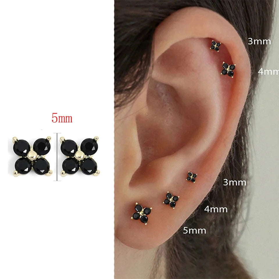 Yupsk Dainty Flower Stainless Steel Butterfly Stud Earrings for Women Cartilage Ear Ring Cute Zircon Gold Color Clover Jewelry