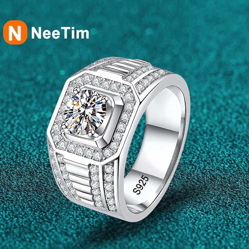 NeeTim Moissanit-Ring für Herren, Sterlingsilber, Platinbeschichtet, Labor-Diamant, Herrenring, Ehering, Feiner Schmuck