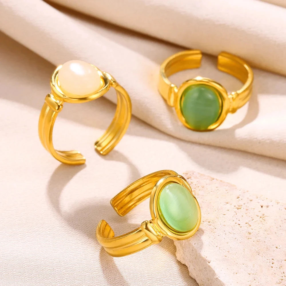 Vintage Ovale Opalringe für Damen Goldfarben Edelstahl Verstellbar Naturstein Verstellbarer Ring Ästhetischer Hochzeitsschmuck