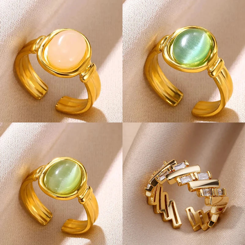 Vintage Ovale Opalringe für Damen Goldfarben Edelstahl Verstellbar Naturstein Verstellbarer Ring Ästhetischer Hochzeitsschmuck