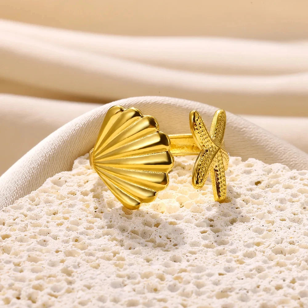Vintage Muschel-Seestern-Ringe für Damen, goldfarben, Edelstahl, Muschel, Ozean, offener Ring, Hochzeit, Sommer-Schmuckgeschenk