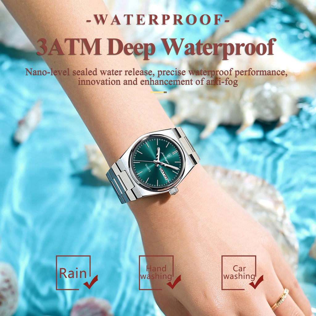 POEDAGAR Reloj de lujo para mujer, impermeable, luminoso, a la moda, de cuarzo, para señora, con fecha, día de la semana, de acero inoxidable, Reloj