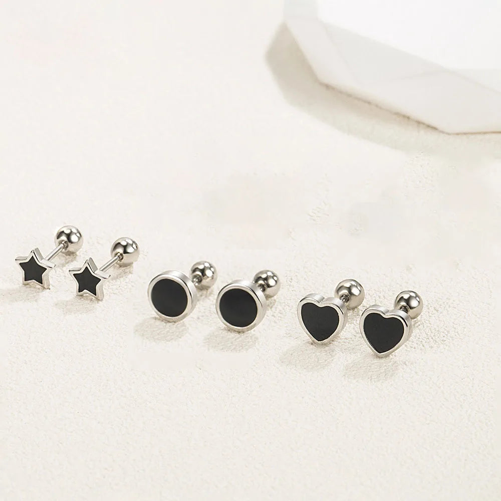 925 Sterling Silber schwarzes Herz Stern Runde kleine Ohrstecker für Damen Luxus Schmuck Accessoires 2024 Trend Kostenlose Lieferung